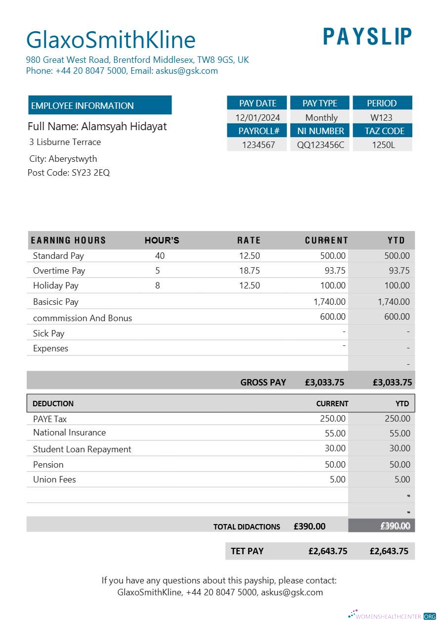 Download GlaxoSmithKline pharmaceutical company payslip template in Word and PDF formats.pdf, 1 Photoshop template